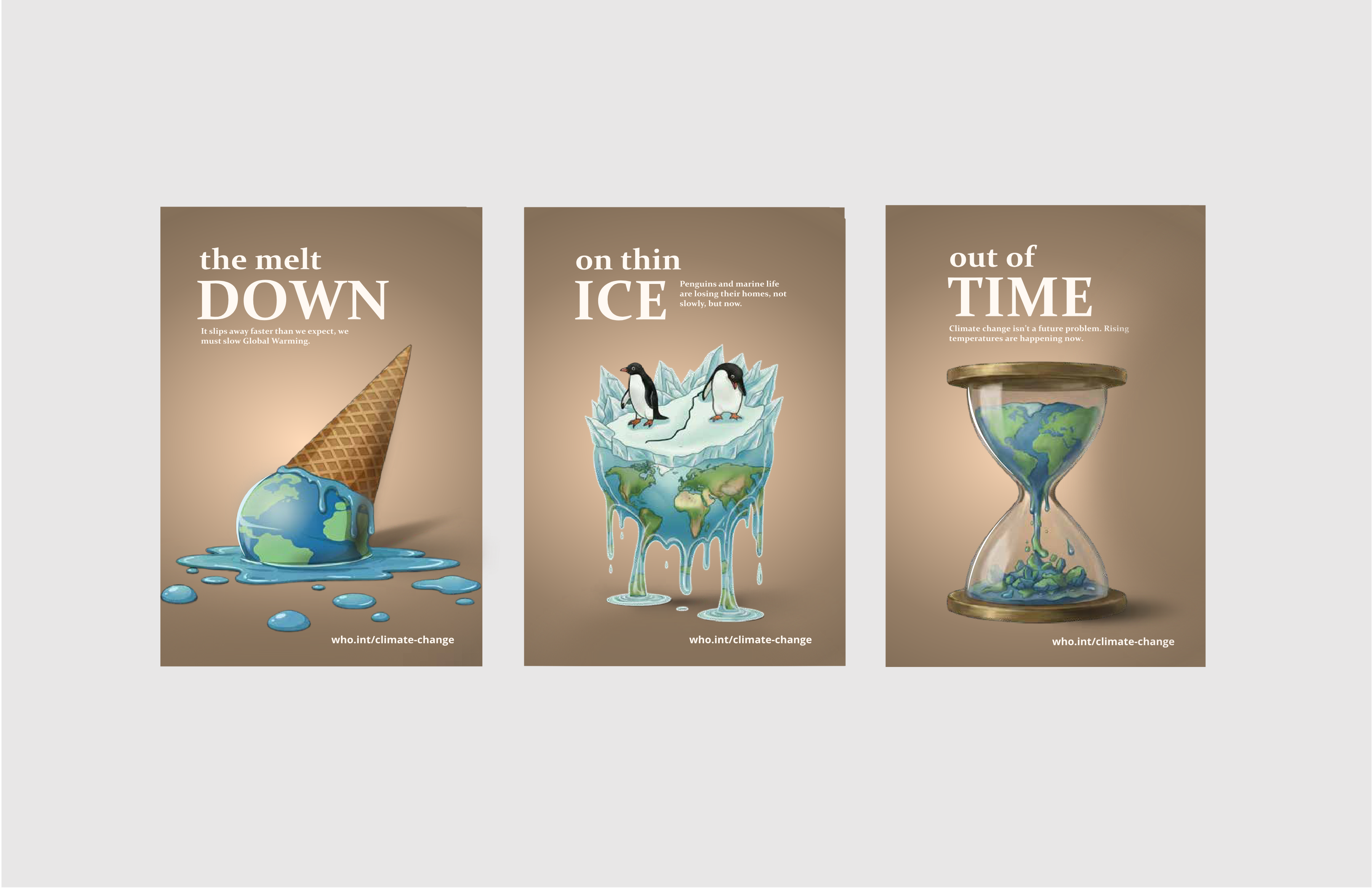 Act for Tomorrow poster series showing The Melt Down, On Thin Ice, and Out of Time