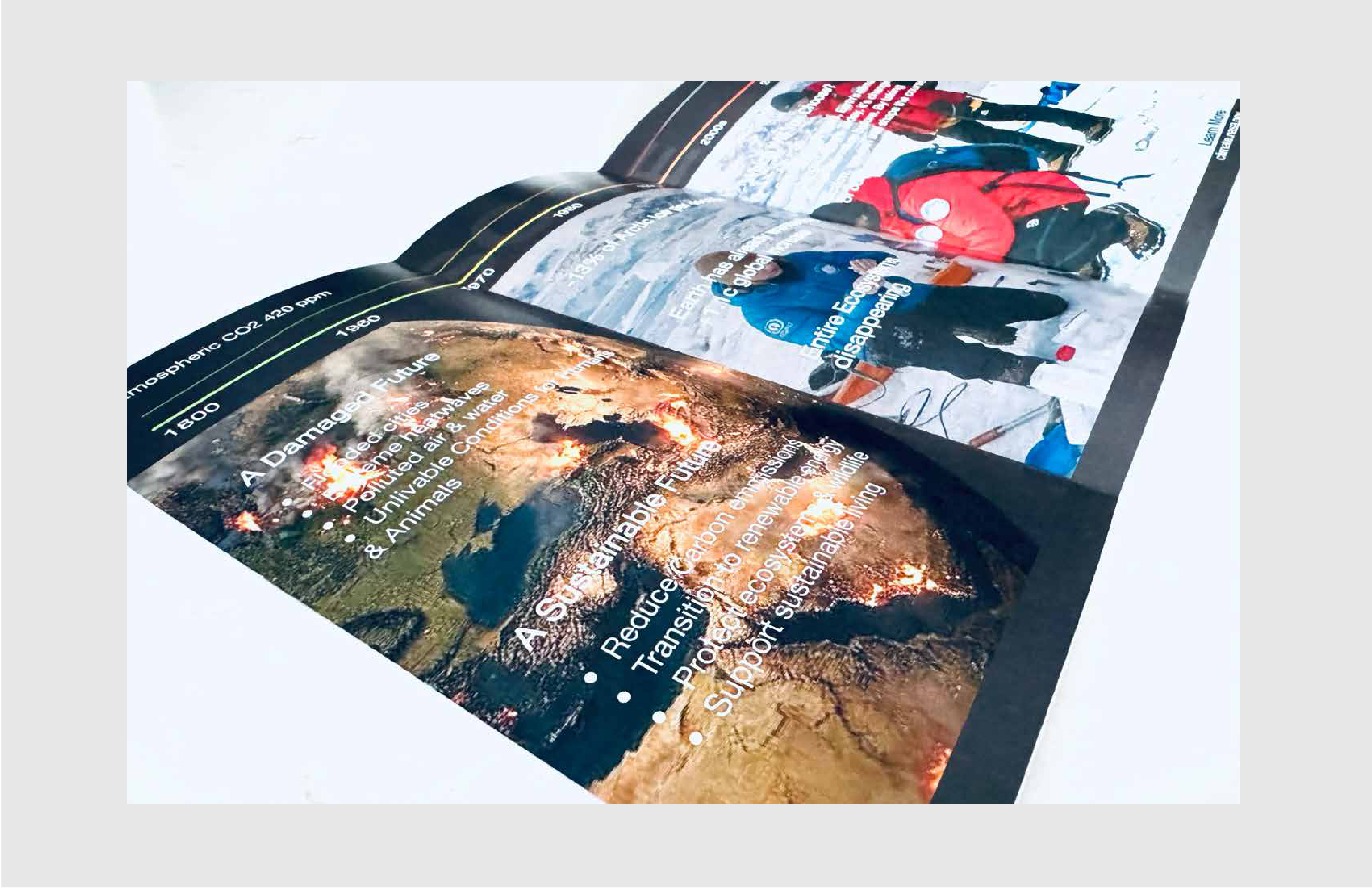 Printed brochure mockup showing the interior climate campaign spread