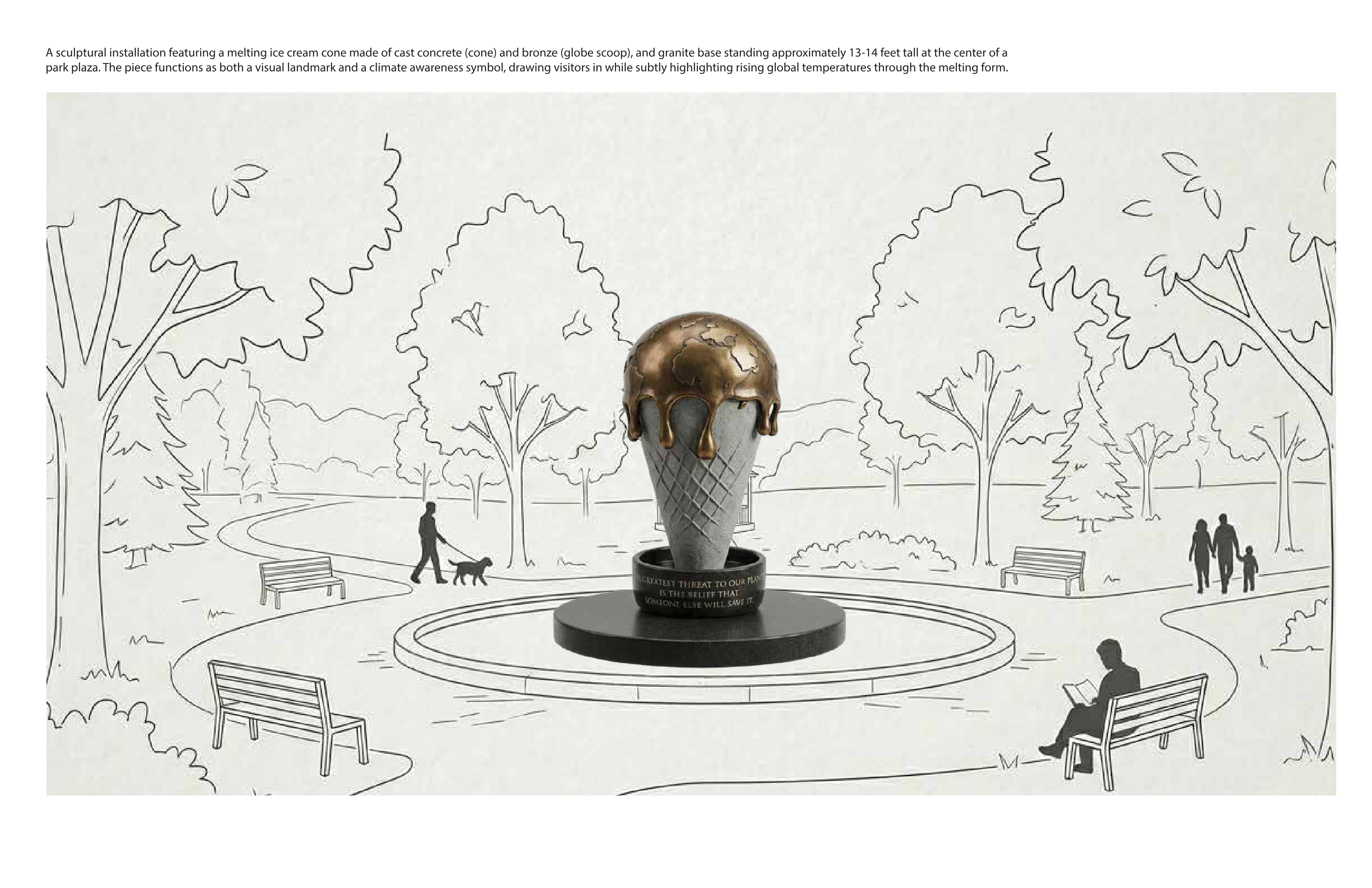 The Melting Point sculpture in a park plaza, with a bronze melting Earth on a concrete cone
